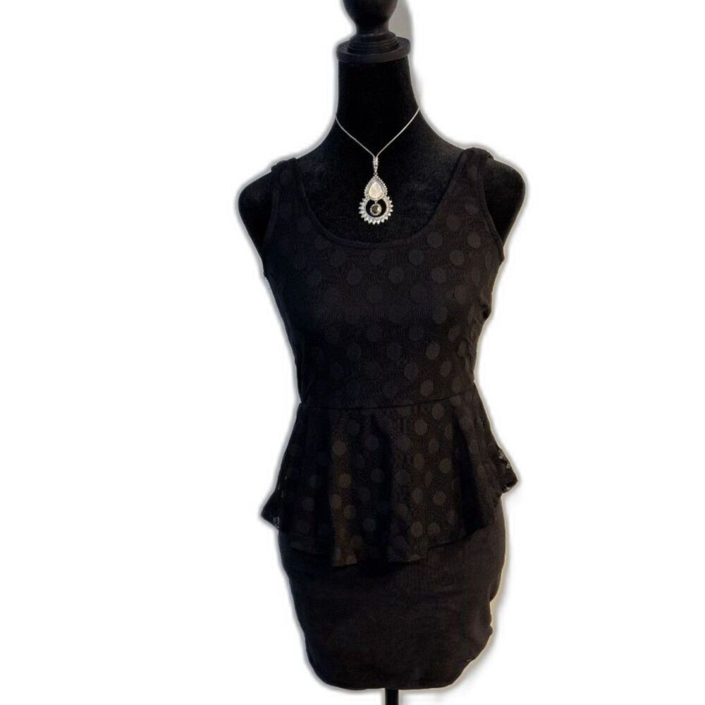 Volcom Black Polka Dot Peplum Dress — Sleeveless, Skater Style, Bodycon